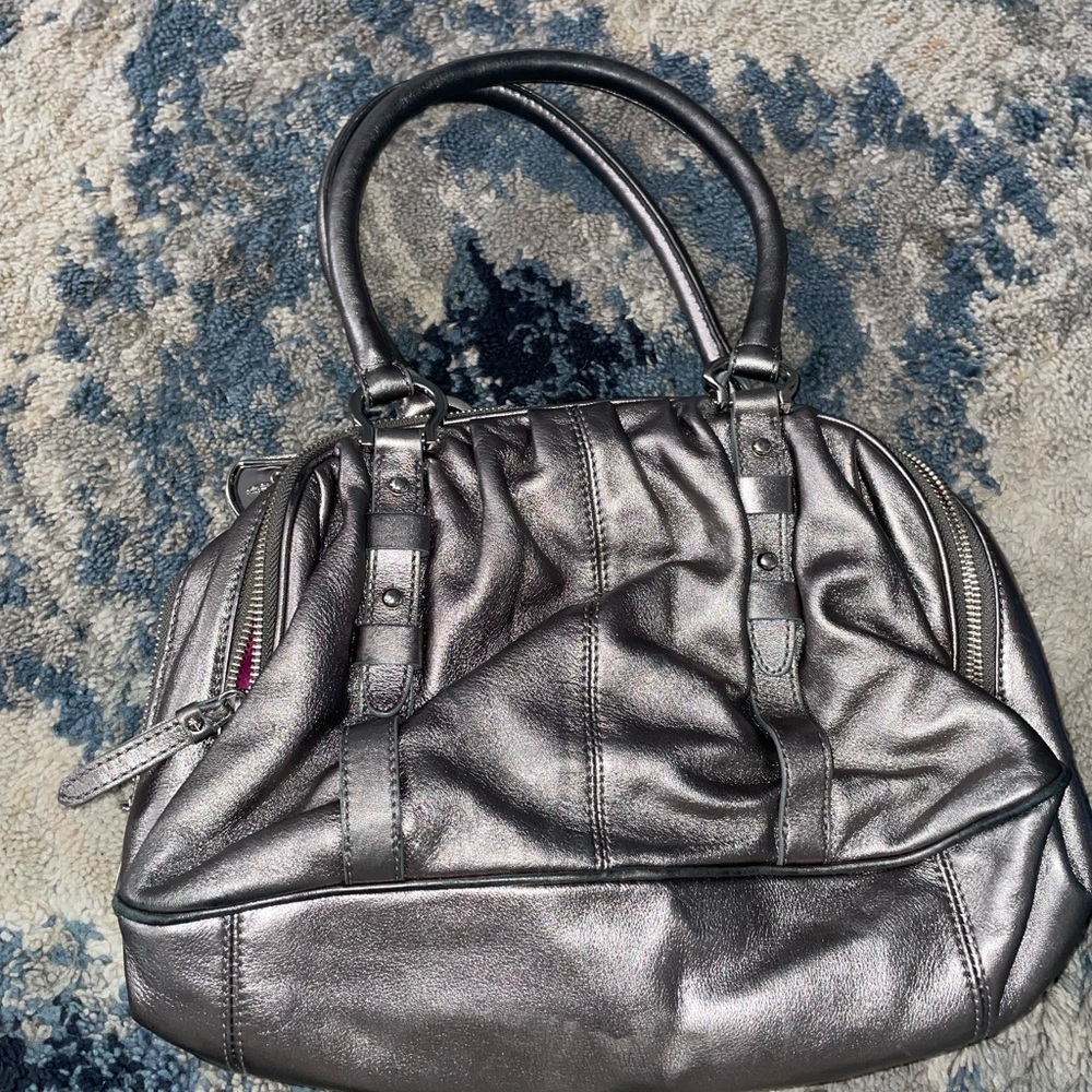 Cole Haan Cornelia triple zip satchel handbag in silver smooth soft leather.